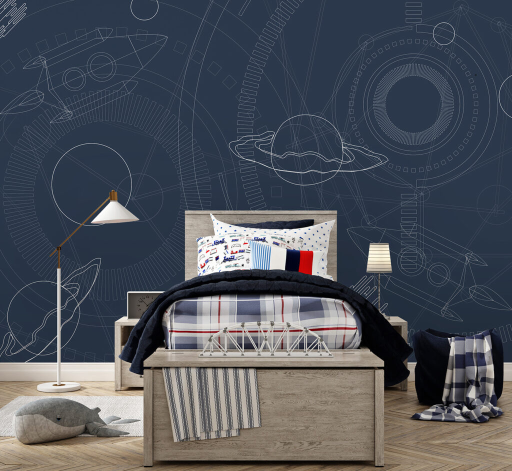 Blauwe en witte achtergrond met planeten en sterren — interieur 3