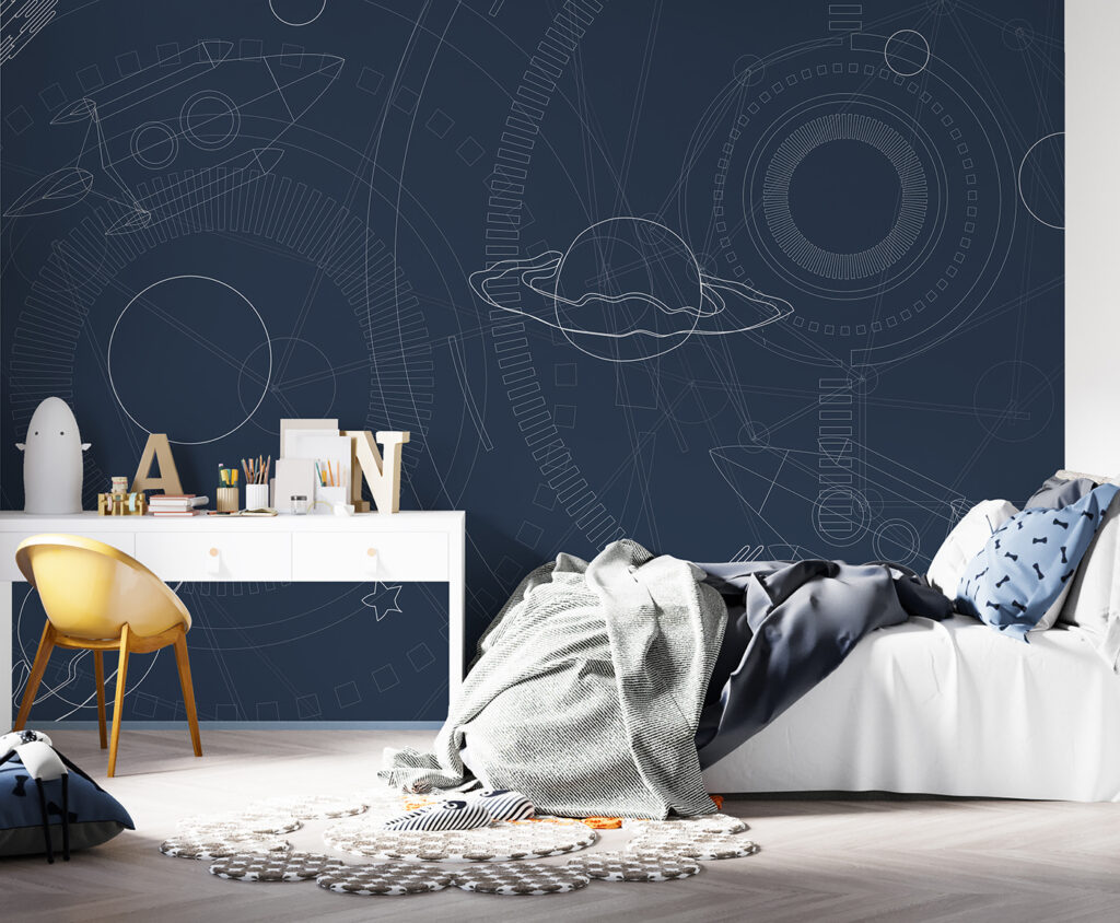 Blauwe en witte achtergrond met planeten en sterren in een interieur