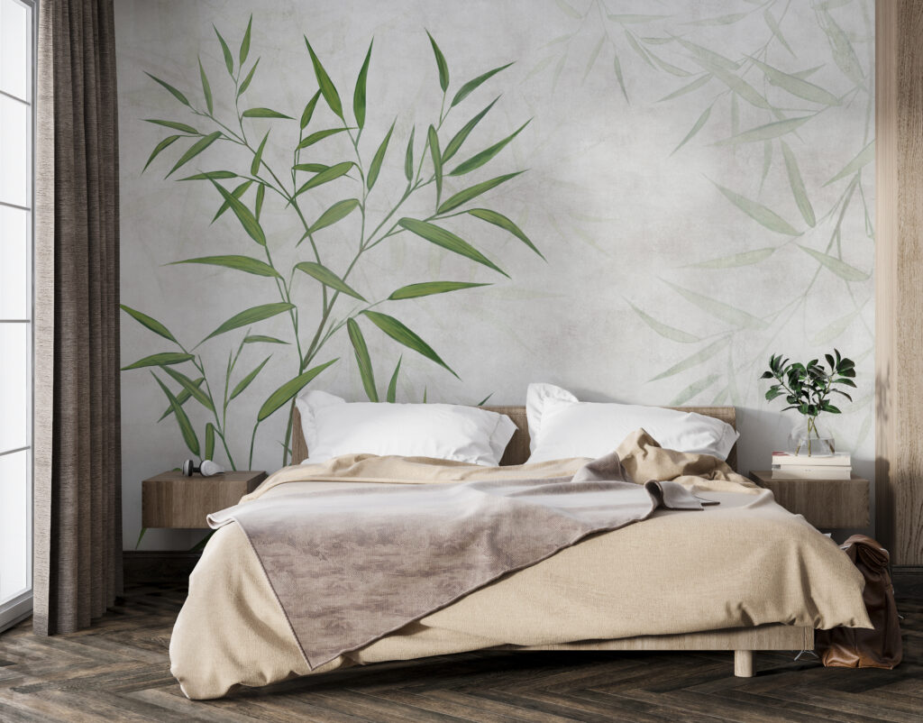 Groene bamboebladeren op verfwit — interieur 2