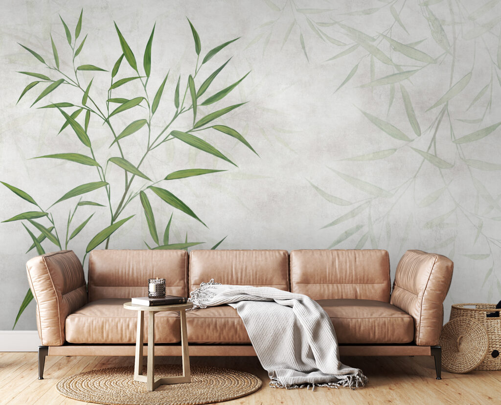 Groene bamboebladeren op verfwit — interieur 3