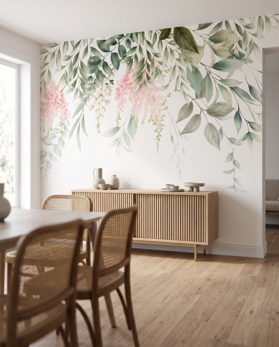 Bloesem onder frisse hangbladeren in een interieur