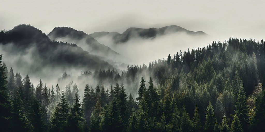 Nevel over donkergroene bergbossen — volledig ontwerp