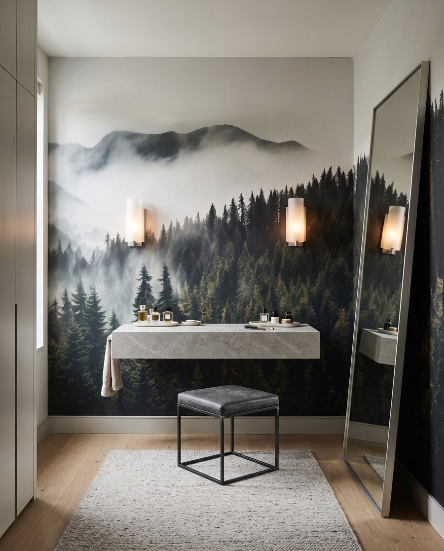 Nevel over donkergroene bergbossen — interieur 2