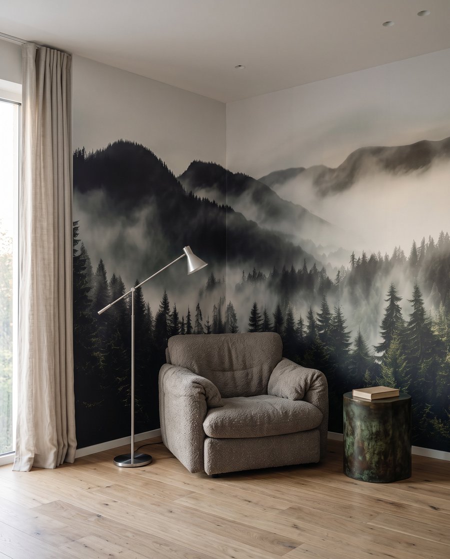 Bos met mist en bergen in een interieur