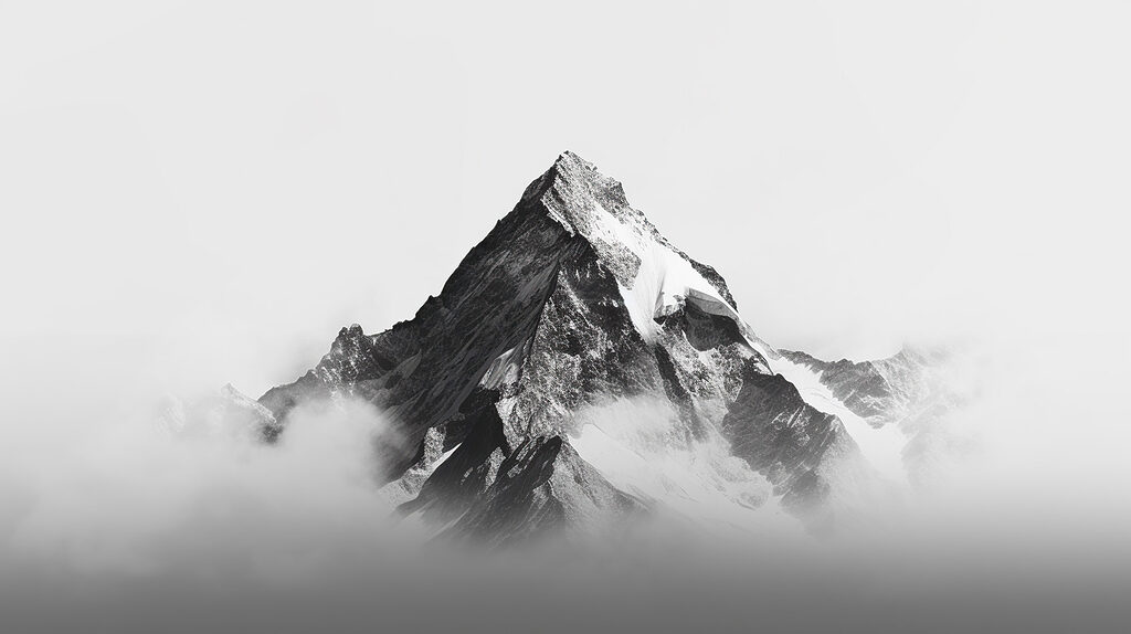 Eenzame bergpiek boven wolken — volledig ontwerp