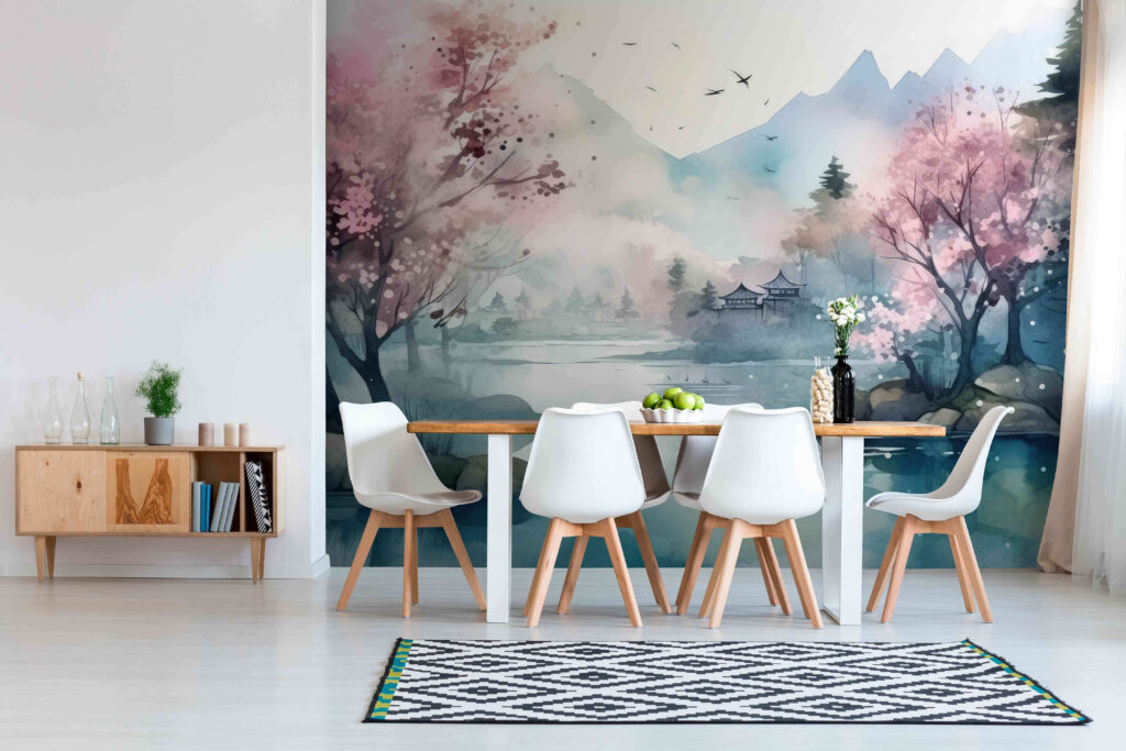 Aquarel van een meer met bomen en bergen in een interieur