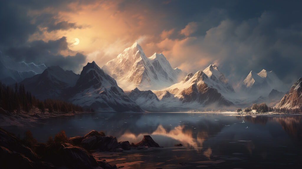 Bergtop onder gouden wolkenlicht — volledig ontwerp
