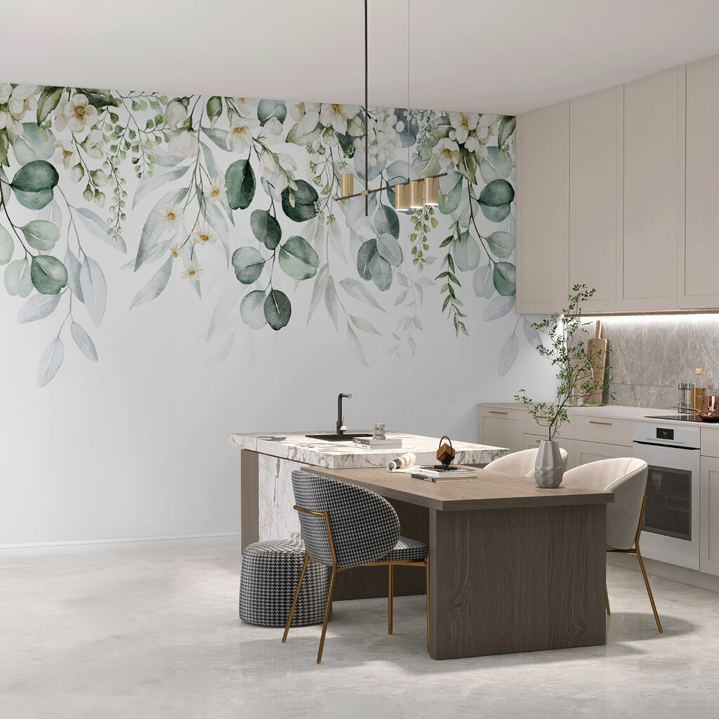 Witte bloemen, hangende blaadjes — interieur 1