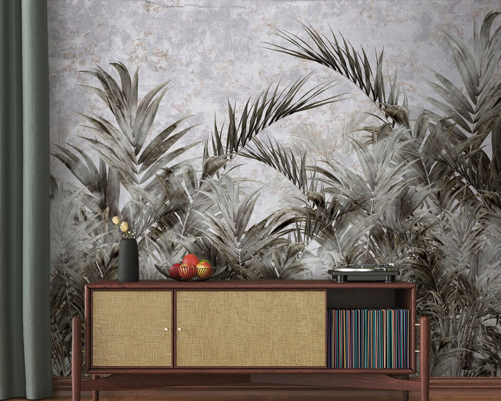 Palmen in verweerde grijstekening — interieur 3