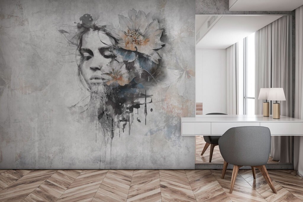 Vrouw’s gezicht met bloemen in een interieur