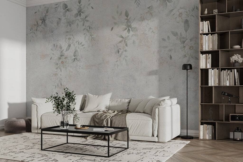 Bloemspoor op verweerd wit — interieur 3