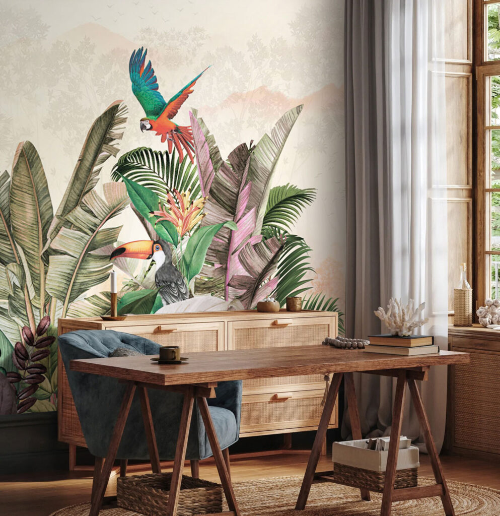 Papegaaien boven pastelkleurige jungle — interieur 3