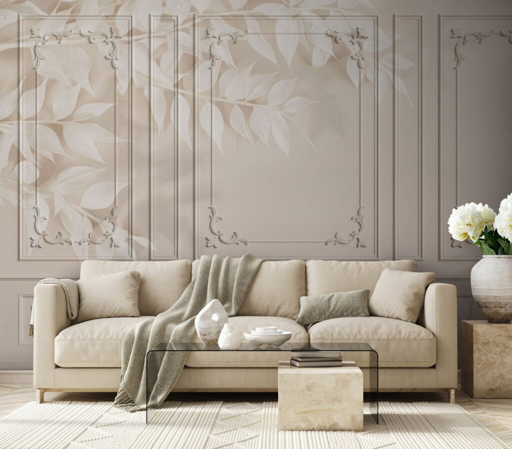 Bleke bladeren over wandpanelen — interieur 1