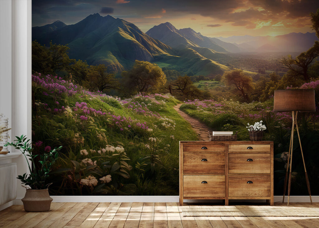 Bergpad langs roze weiden — interieur 1