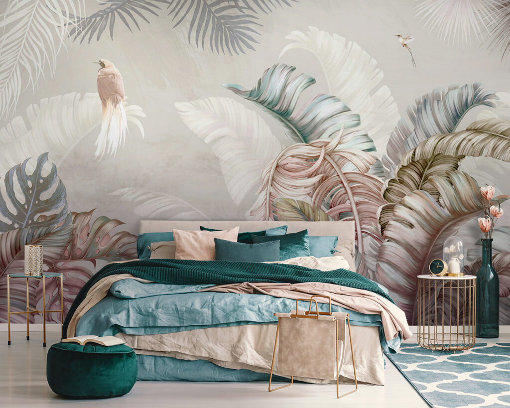 Ara tussen bleke pastelbladeren — interieur 3