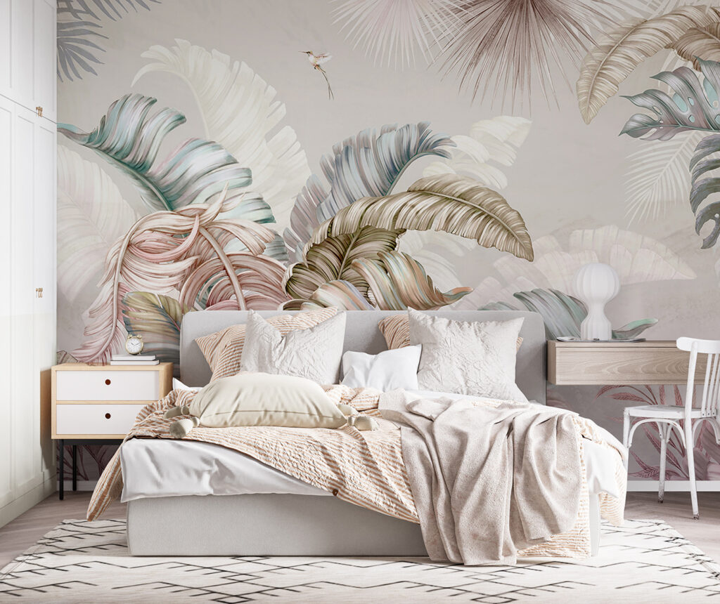 Ara tussen bleke pastelbladeren — interieur 2