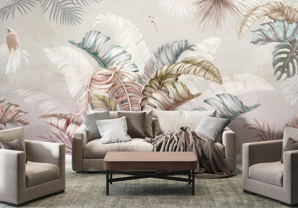 Ara tussen bleke pastelbladeren — interieur 4