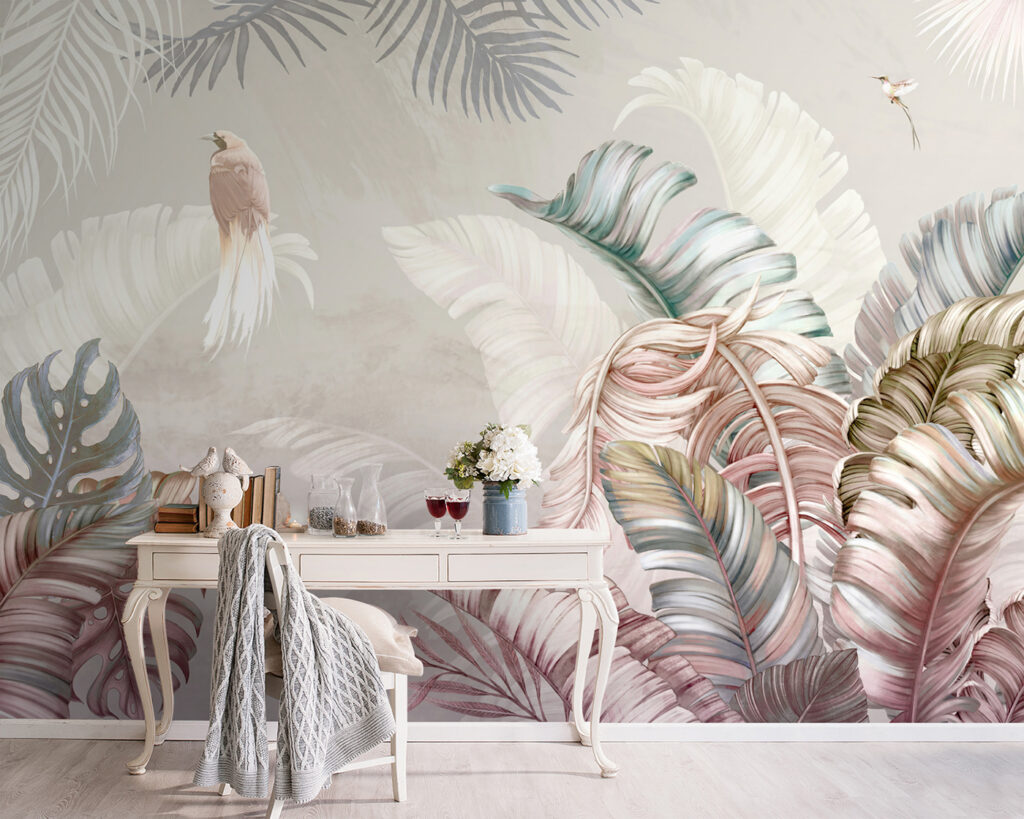 Ara tussen bleke pastelbladeren — interieur 1