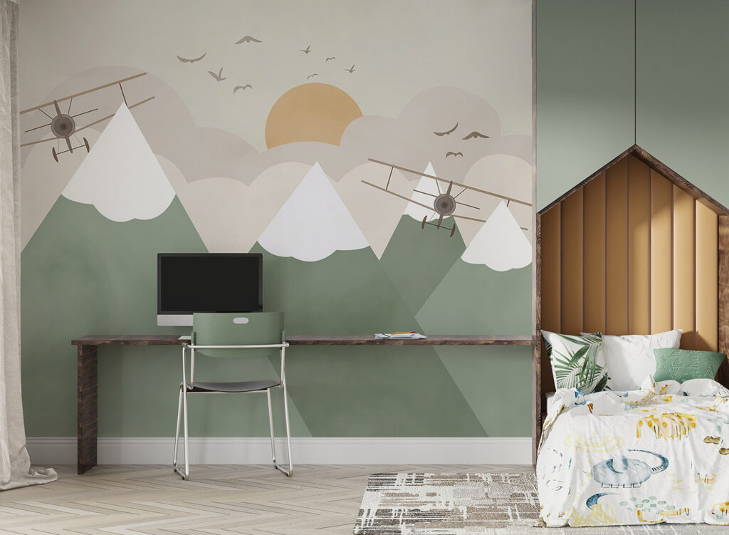 Vliegtuig over bergen in een interieur
