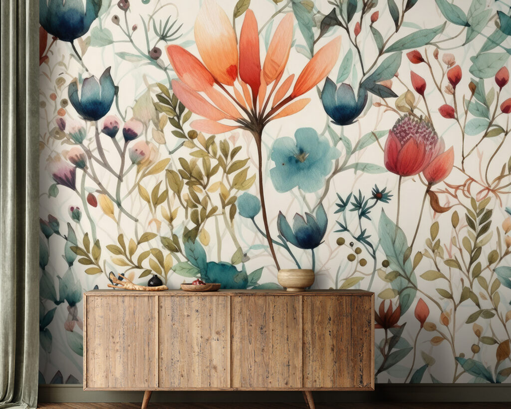 Kleurrijke bloemen en bladeren in een interieur