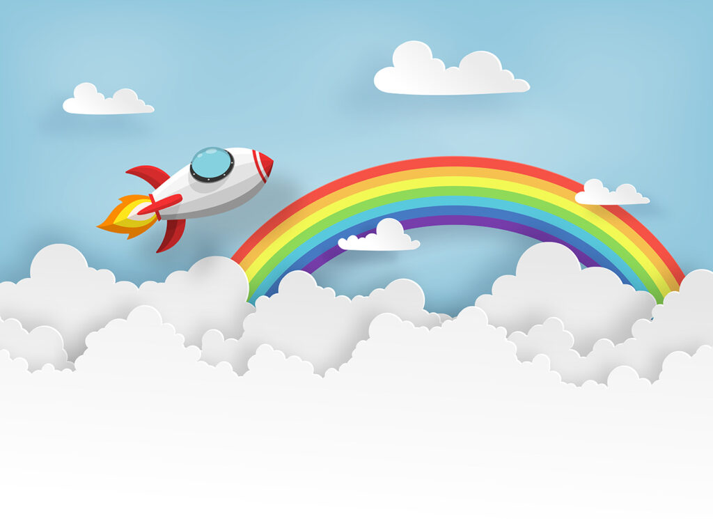Raket vliegend in de lucht met wolken en regenboog — volledig ontwerp