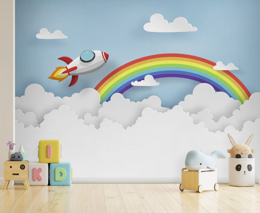 Raket vliegend in de lucht met wolken en regenboog — interieur 2