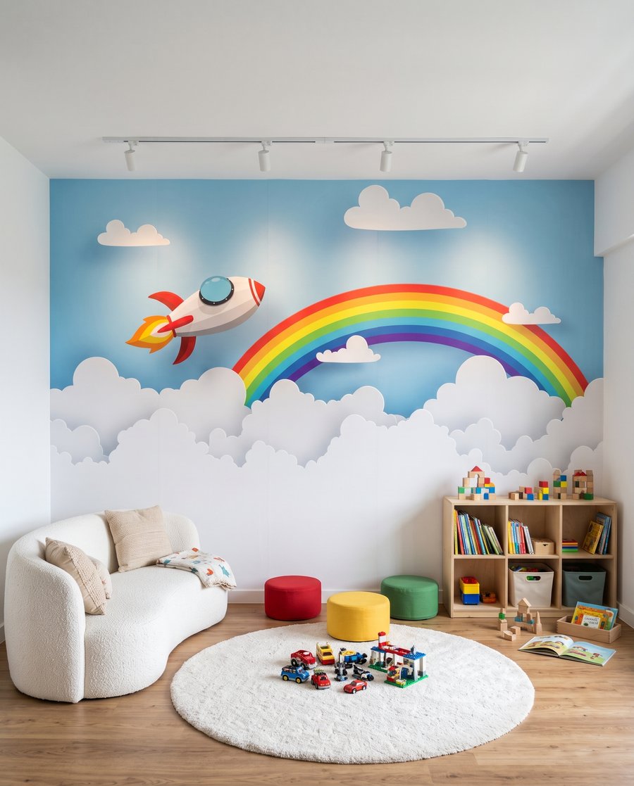 Raket boven een regenboog in een interieur