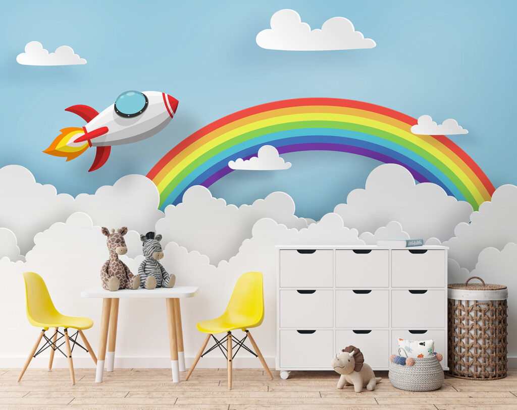 Raket vliegend in de lucht met wolken en regenboog in een interieur