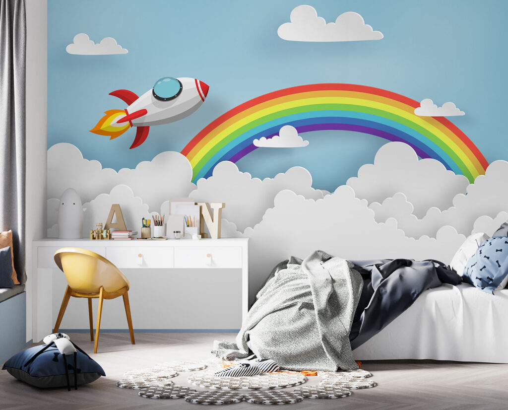Raket vliegend in de lucht met wolken en regenboog — interieur 3