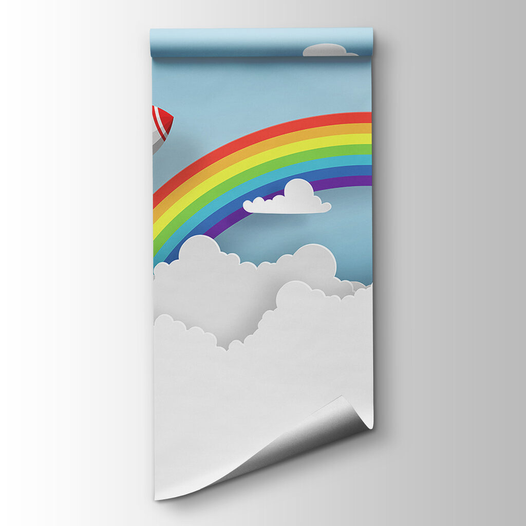 Raket vliegend in de lucht met wolken en regenboog — productweergave