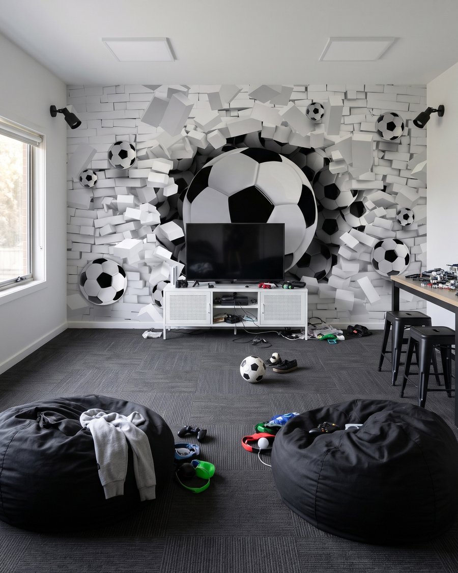 Voetballen breken witte stenen in een interieur