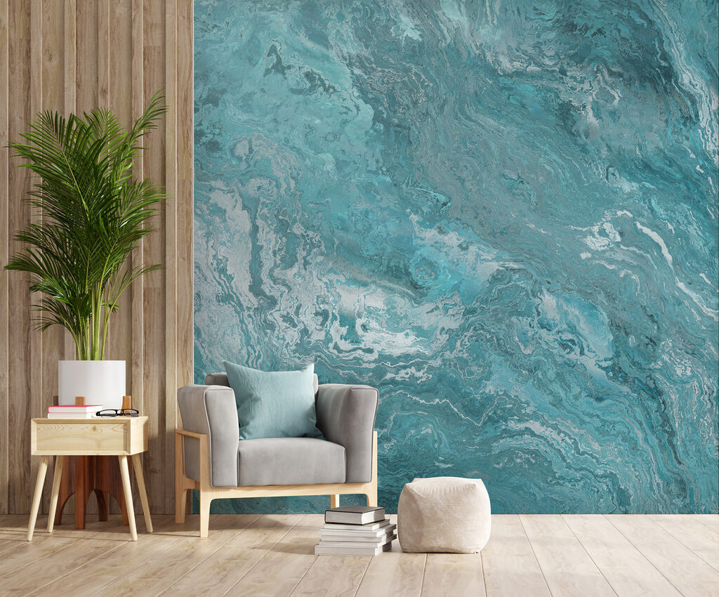 Turquoise steenbanden in golven — interieur 2