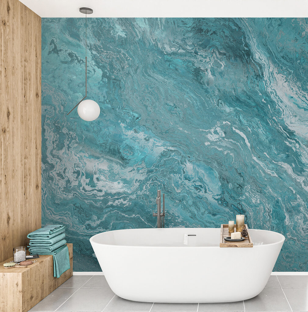 Turquoise steenbanden in golven — interieur 1