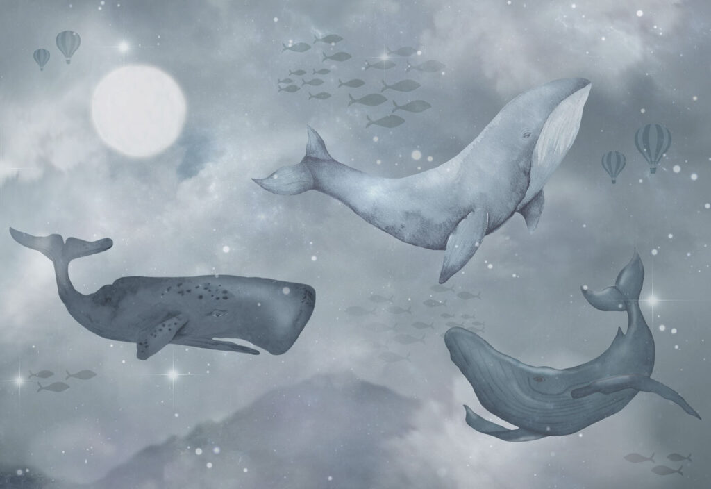 Groep walvissen zwemmend in de oceaan — volledig ontwerp