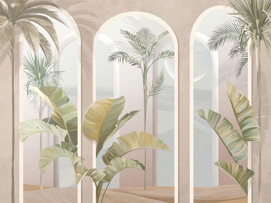 Palmen tussen roze arcades — volledig ontwerp