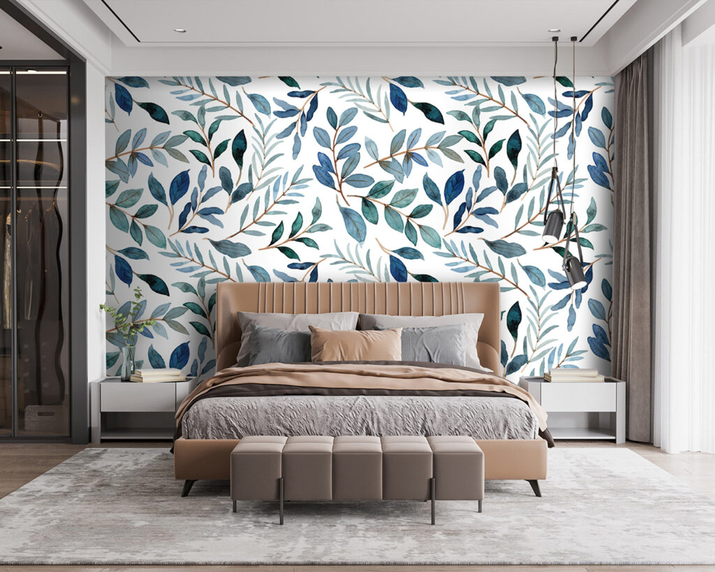 Patroon van blauwe en groene bladeren in een interieur