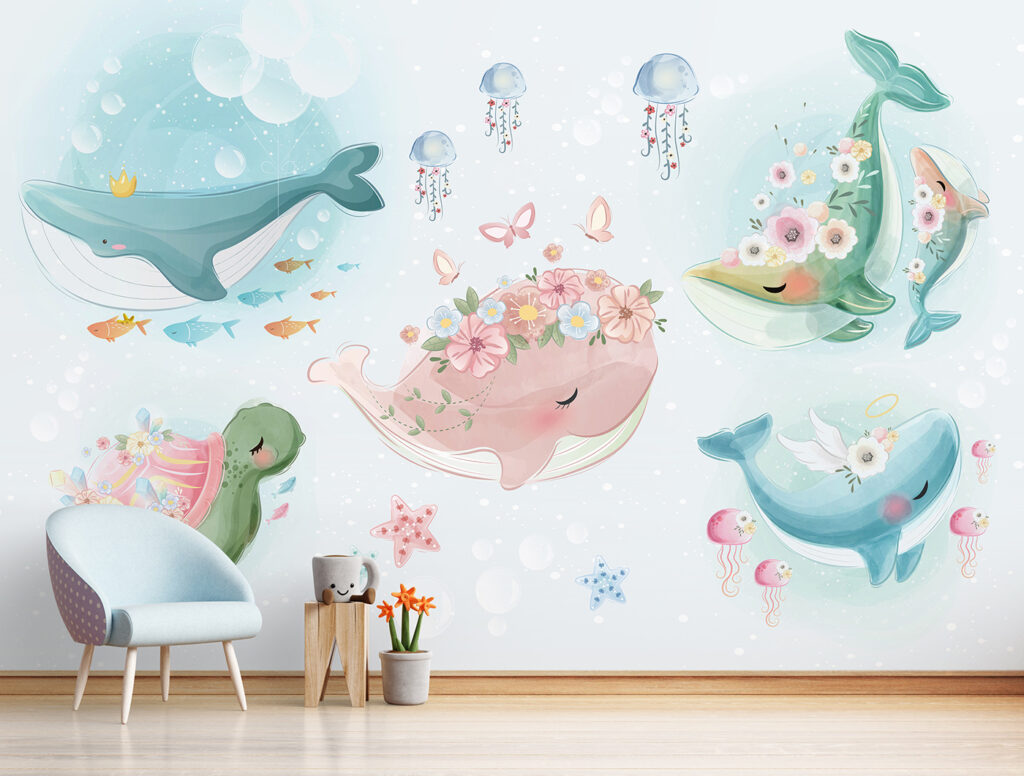 Groep cartoon walvissen in een interieur