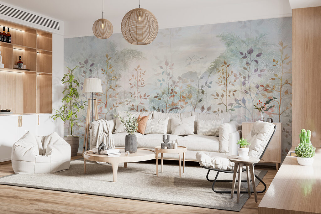 Bladeren boven verre palmen — interieur 6