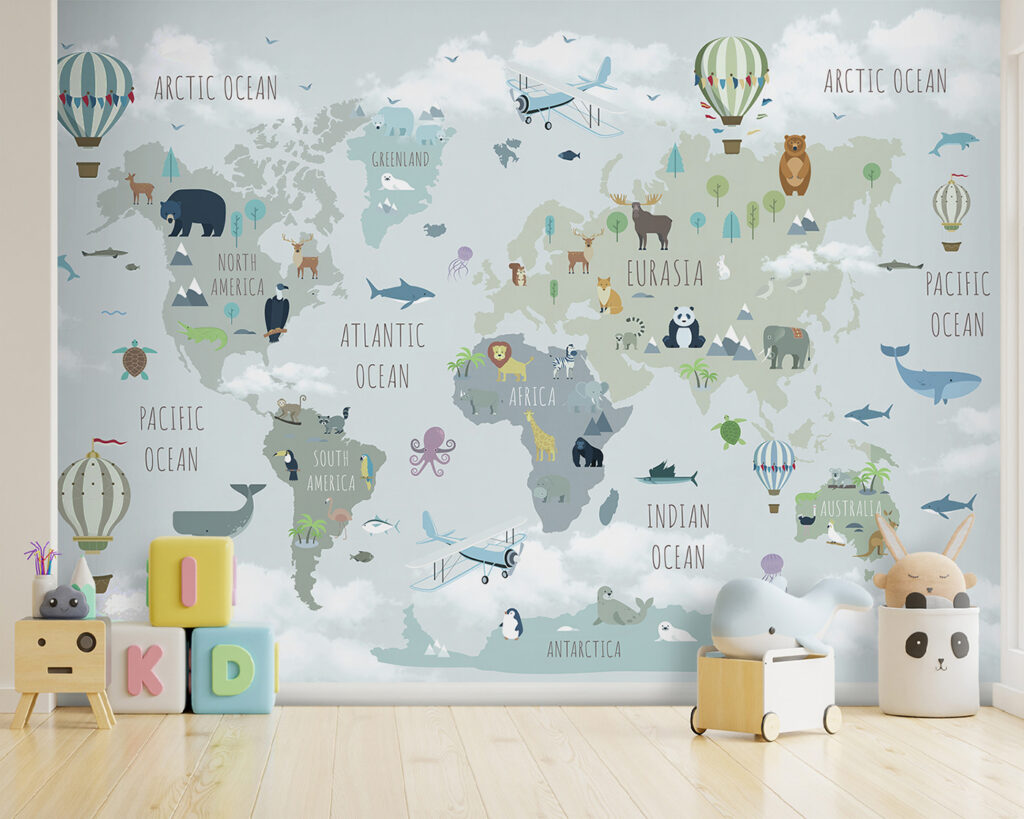 Wereldkaart met dieren en vogels in een interieur