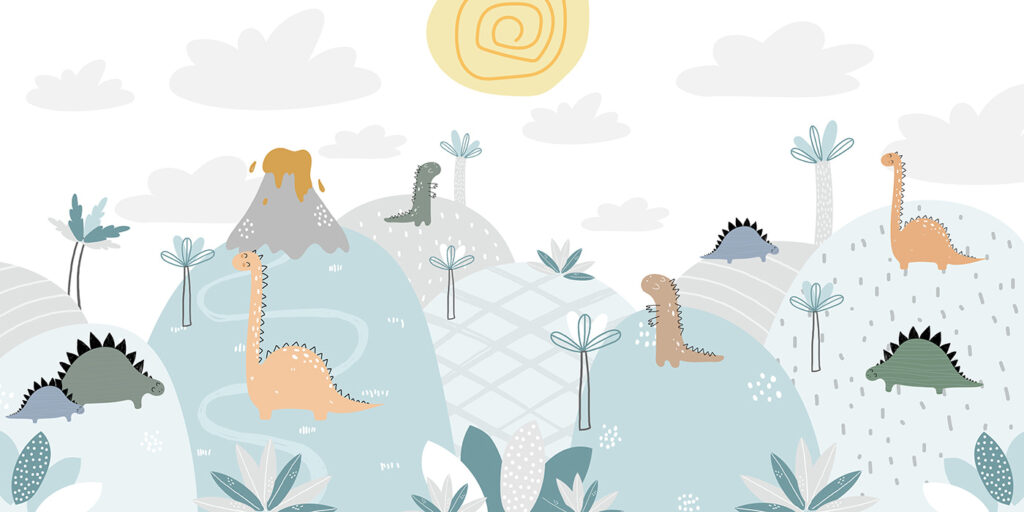Dinosaurussen tussen pastelvulkanen — volledig ontwerp