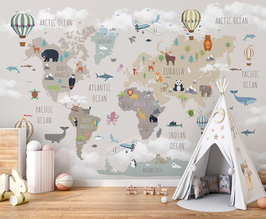 Wereldkaart met dieren en vogels in een interieur