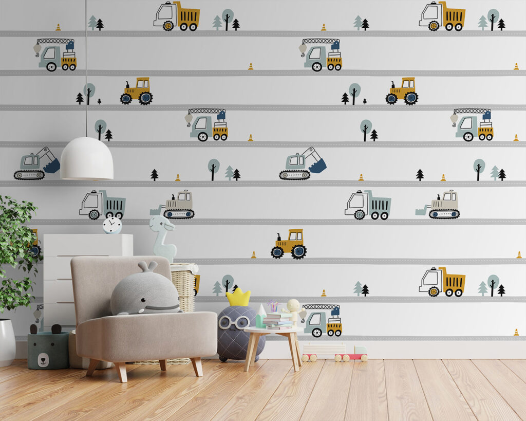 Patroon van auto's en bomen in een interieur
