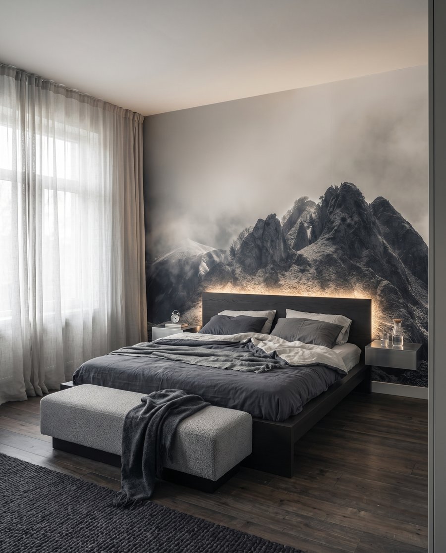 Donkere bergrotsen in mist in een interieur