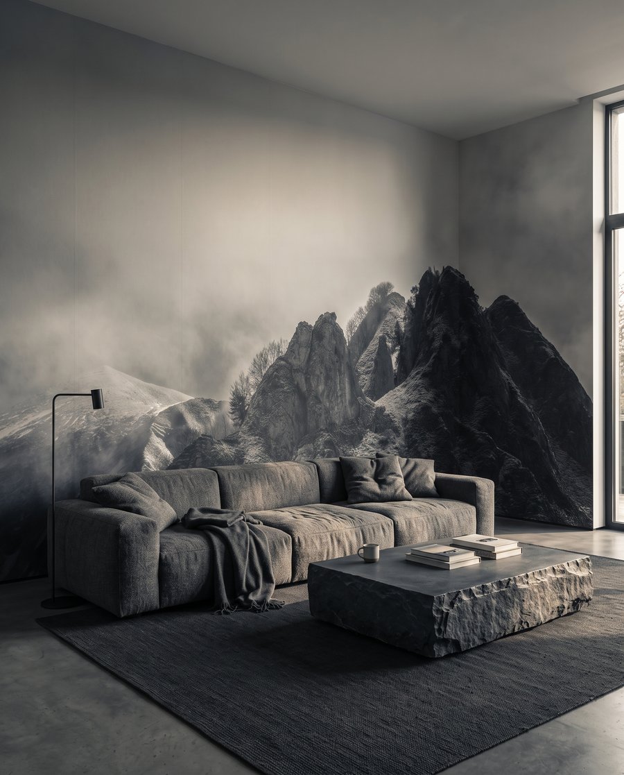 Donkere bergrotsen in mist in een interieur