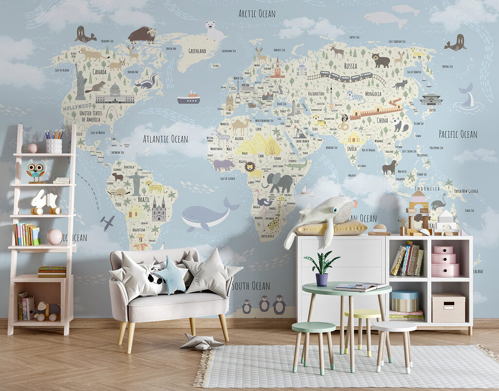 Een wereldkaart met dieren in een interieur