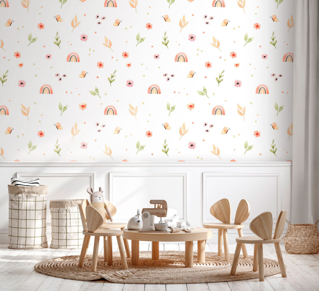 Patroon van bloemen en regenbogen in een interieur