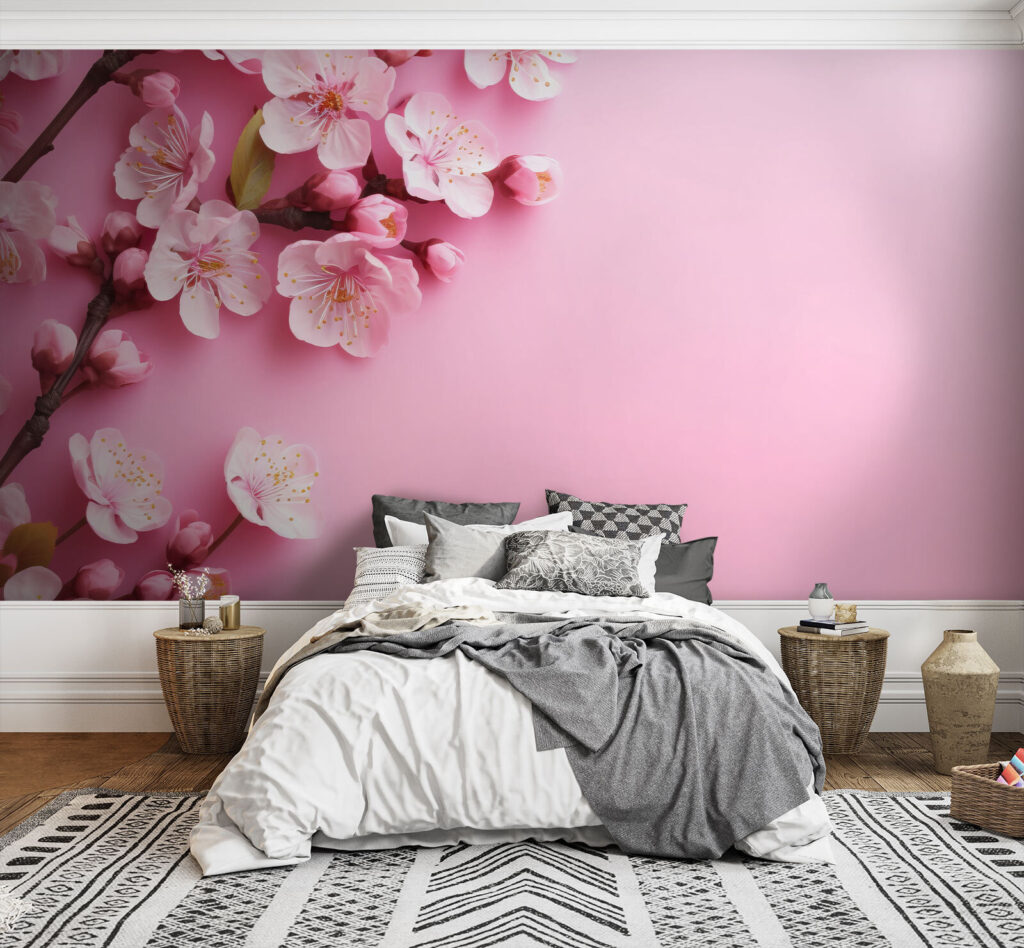 Groep roze bloemen op roze achtergrond — interieur 2
