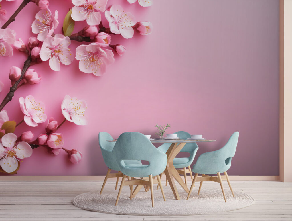 Groep roze bloemen op roze achtergrond in een interieur