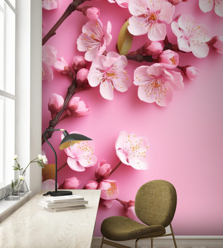 Groep roze bloemen op roze achtergrond — interieur 3