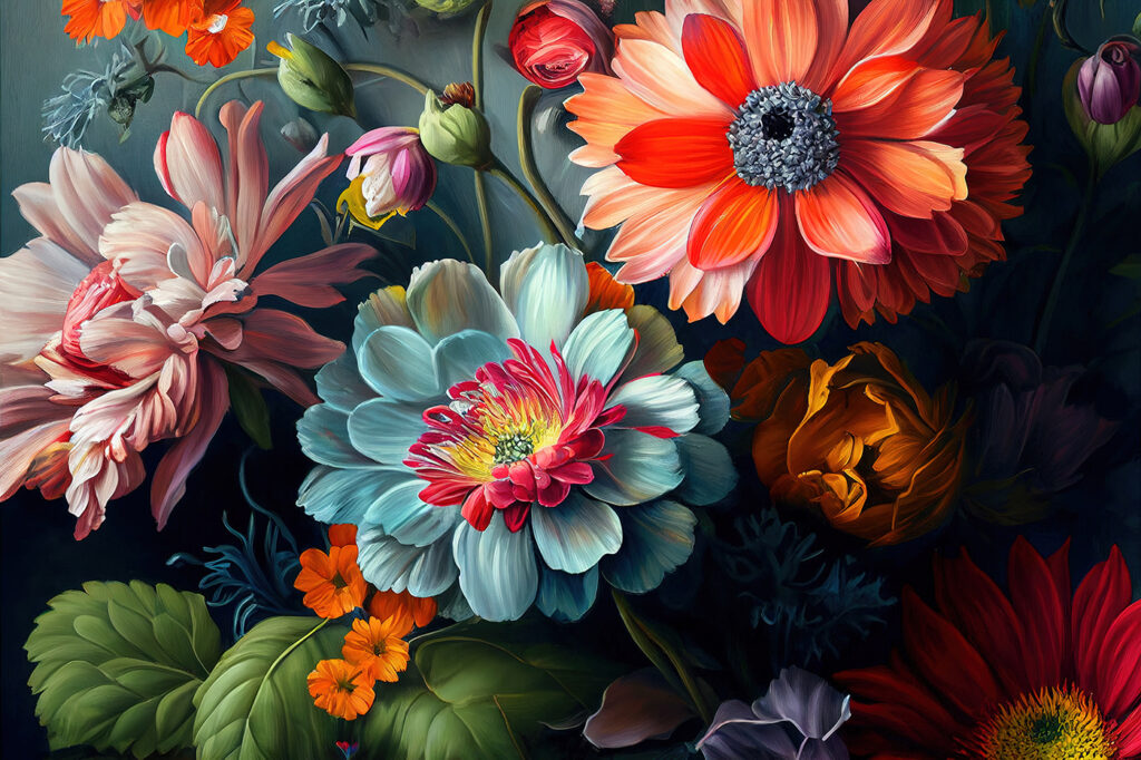 Volle bloemen in juweeltinten — volledig ontwerp
